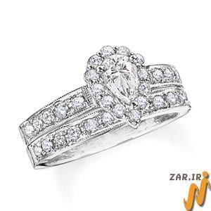 حلقه زنانه طلا سفید با نگین الماس تراش اشک و برلیان مدل :RWDF1019