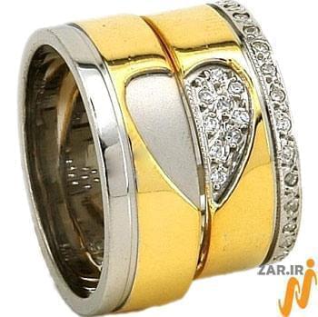 ست حلقه عروسی طلای سفید و زرد با نگین برلیان طرح پازل قلب مدل: srd1113