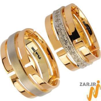 مدل حلقه عروسی طلا گلی و سفید با نگین الماس تراش برلیان مدل: srd1080