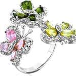 انگشتر طلا سفید با نگین زمرد، تورمالین، زبرجد و برلیان طرح پروانه مدل rgf1209