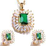نیم ست گوشواره و آویز طلا با نگین زمرد و الماس تراش باگت و برلیان مدل: hsdf1213