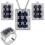 نیم ست جواهر آویز و گوشواره و انگشتر با نگین یاقوت کبود و برلیان مدل: hsdf1261