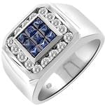 انگشتر طلا سفید با نگین یاقوت کبود و الماس تراش برلیان طرح رجال: مدل rgm1269