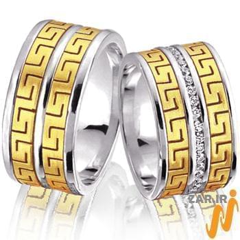 ست حلقه ازدواج طلا سفید و زرد با نگین الماس تراش برلیان طرح ورساچی مدل: srd1204