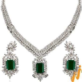 سرویس جواهر طلا سفید با نگین زمرد و الماس تراش برلیان و باگت مدل: bset2059