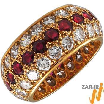 انگشتر جواهر طلا زرد با نگین الماس برش برلیان و یاقوت برمه - مدل rgn3004