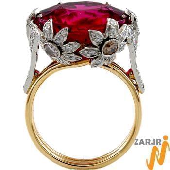 انگشتر جواهر طلا سفید با نگین الماس برش برلیان و یاقوت قرمز برمه : مدل rgn3009
