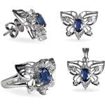 نیم ست انگشتر، آویز و گوشواره با نگین یاقوت کبود و برلیان مدل: hsdf1229