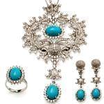 سرویس جواهر طلا سفید با نگین فیروزه و الماس تراش برلیان مدل: bset2080