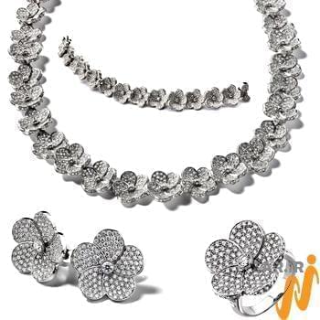 سرویس جواهر طلا سفید با نگین الماس تراش برلیان طرح گل (flower) مدل: bset2083