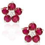 گوشواره جواهر با نگین یاقوت قرمز و الماس تراش برلیان طرح گل مدل: edf1216