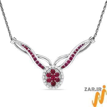 گردنبند جواهر با نگین یاقوت قرمز و الماس تراش برلیان طرح گل مدل: ndf1243