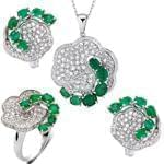 نیم ست جواهر آویز، گوشواره و انگشتر با نگین زمرد و برلیان مدل: hsdf1253