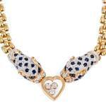 گردنبند طلا با نگین یاقوت کبود و الماس تراش برلیان طرح کارتیه مدل: ndf1290