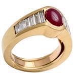 انگشتر جواهر با نگین یاقوت قرمز و الماس تراش باگت طرح رجال: مدل rgm1393