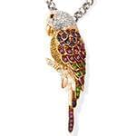 آویز جواهر با نگین زمرد، یاقوت قرمز و کبود و برلیان طرح طوطی مدل: npdf1253