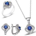 نیم ست آویز و گوشواره و انگشتر با نگین یاقوت کبود و الماس تراش برلیان مدل: hsdf1273