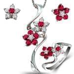 نیم ست آویز و گوشواره و انگشتر با نگین یاقوت قرمز و برلیان طرح فلاور مدل: hsdf1274