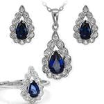 نیم ست آویز و گوشواره و انگشتر با نگین یاقوت کبود و الماس تراش برلیان مدل: hsdf1280