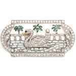 سنجاق سینه با نگین آکوامارین، زمرد و الماس تراش برلیان طرح قو مدل: bdfg1089