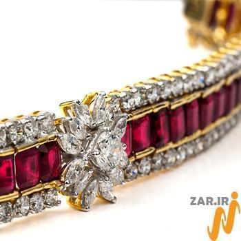 دستبند طلا زنانه و جواهر یاقوت قرمز و الماس تراش مارکیز و برلیان مدل: bdf1208