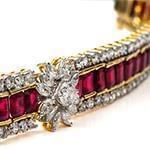 دستبند طلا زنانه و جواهر یاقوت قرمز و الماس تراش مارکیز و برلیان مدل: bdf1208