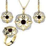 نیم ست آویز، گوشواره و انگشتر با نگین گارنت و الماس تراش برلیان مدل: hsdf1343