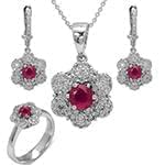 نیم ست آویز، گوشواره و انگشتر با نگین یاقوت قرمز و الماس تراش برلیان مدل: hsdf1346