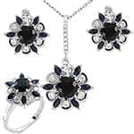 نیم ست آویز، گوشواره و انگشتر با نگین یاقوت کبود و الماس تراش برلیان مدل: hsdf1347