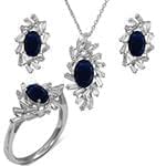 نیم ست آویز، گوشواره و انگشتر با نگین یاقوت کبود و الماس تراش باگت مدل: hsdf1351