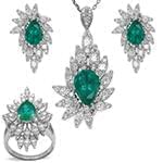 نیم ست آویز، گوشواره و انگشتر با نگین زمرد و الماس تراش برلیان طرح مارکیز مدل: hsdf1353
