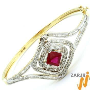 دستبند النگویی جواهر با نگین یاقوت قرمز و الماس تراش برلیان و باگت مدل: bng1057