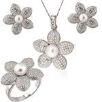 نیم ست آویز، گوشواره و انگشتر با نگین مروارید و الماس تراش برلیان طرح گل مدل: hsdf1354