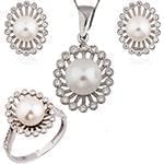 نیم ست آویز، گوشواره و انگشتر با نگین مروارید و الماس تراش برلیان مدل: hsdf1357