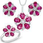 نیم ست طلا با نگین یاقوت قرمز و الماس تراش برلیان طرح گل مدل: hsdf1364