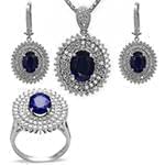نیم ست آویز، گوشواره و انگشتر با نگین یاقوت کبود و الماس تراش برلیان مدل: hsdf1366