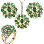 نیم ست آویز، گوشواره و انگشتر با نگین زمرد و الماس تراش برلیان مدل: hsdf1367