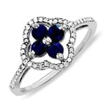 انگشتر طلا سفید با نگین یاقوت کبود و الماس تراش برلیان طرح گل مدل : rsf1017