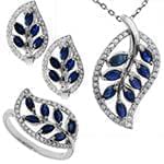 نیم ست آویز، گوشواره و انگشتر با نگین یاقوت کبود و برلیان طرح برگ مدل: hsdf1296