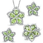 نیم ست آویز، گوشواره و انگشتر با نگین زبرجد و برلیان طرح فلاور مدل: hsdf1298