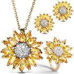 نیم ست آویز، گوشواره و انگشتر با نگین سیترین و برلیان طرح فلاور مدل: hsdf1304