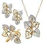 نیم ست جواهر انگشتر، گوشواره و آویز الماس تراش برلیان طرح برگ: مدل hdset2064