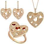 نیم ست جواهر انگشتر، گوشواره و آویز الماس تراش برلیان طرح قلب: مدل hdset2067