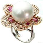 انگشتر طلا و جواهر با نگین مروارید، یاقوت و برلیان طرح گل: مدل rgf1425