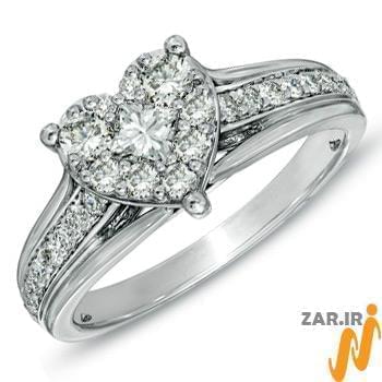 حلقه طلای سفید زنانه قلب با نگین الماس تراش برلیان و پرنس مدل: RDF1076