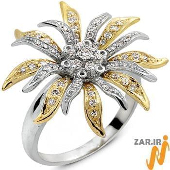 انگشتر طلای زرد و سفید زنانه با نگین الماس تراش برلیان طرح گل مدل: ring2095