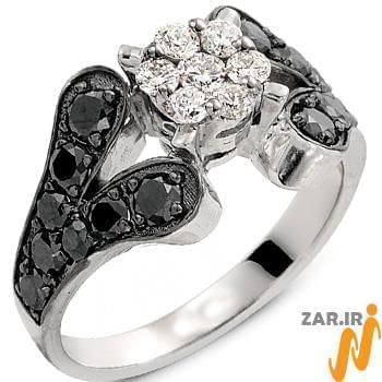 انگشتر طلای زنانه با نگین الماس تراش برلیان سیاه و سفید طرح گل مدل: ring2098