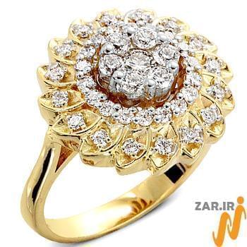 انگشتر طلای زرد و سفید زنانه با نگین الماس تراش برلیان طرح گل مدل: ring2103