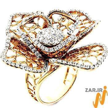 انگشتر طلای رزگلد و سفید زنانه با نگین الماس تراش برلیان طرح گل مدل: ring2111