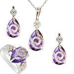 نیم ست آویز، گوشواره و انگشتر با نگین آمتیس و الماس تراش برلیان مدل: hsdf1309